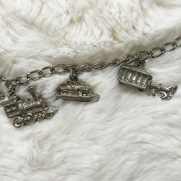 Vintage Disney Charm Bracelet Train Car Steamboat Castle Fort And Trolley - Picture 3 of 5